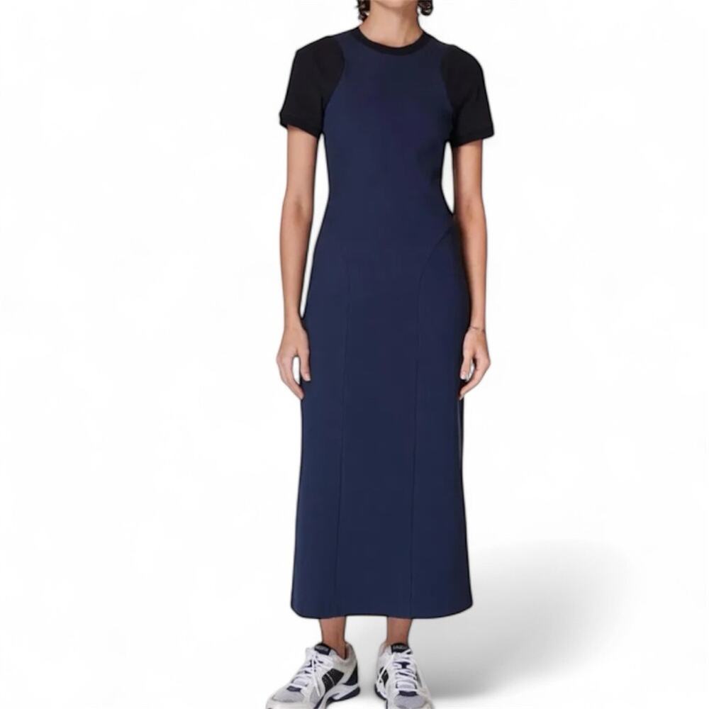 SWEATY BETTY Racerblock Rib Midaxi Dress Sz 14 Navy Black Ribbed Knit Lagenlook